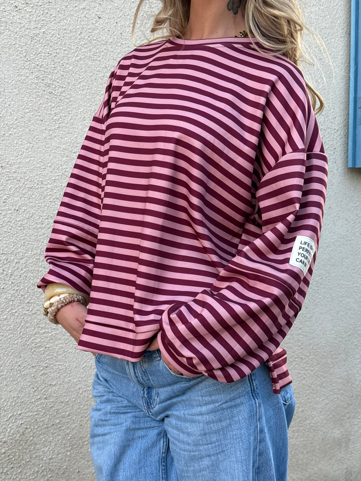 Sweat rayé rose