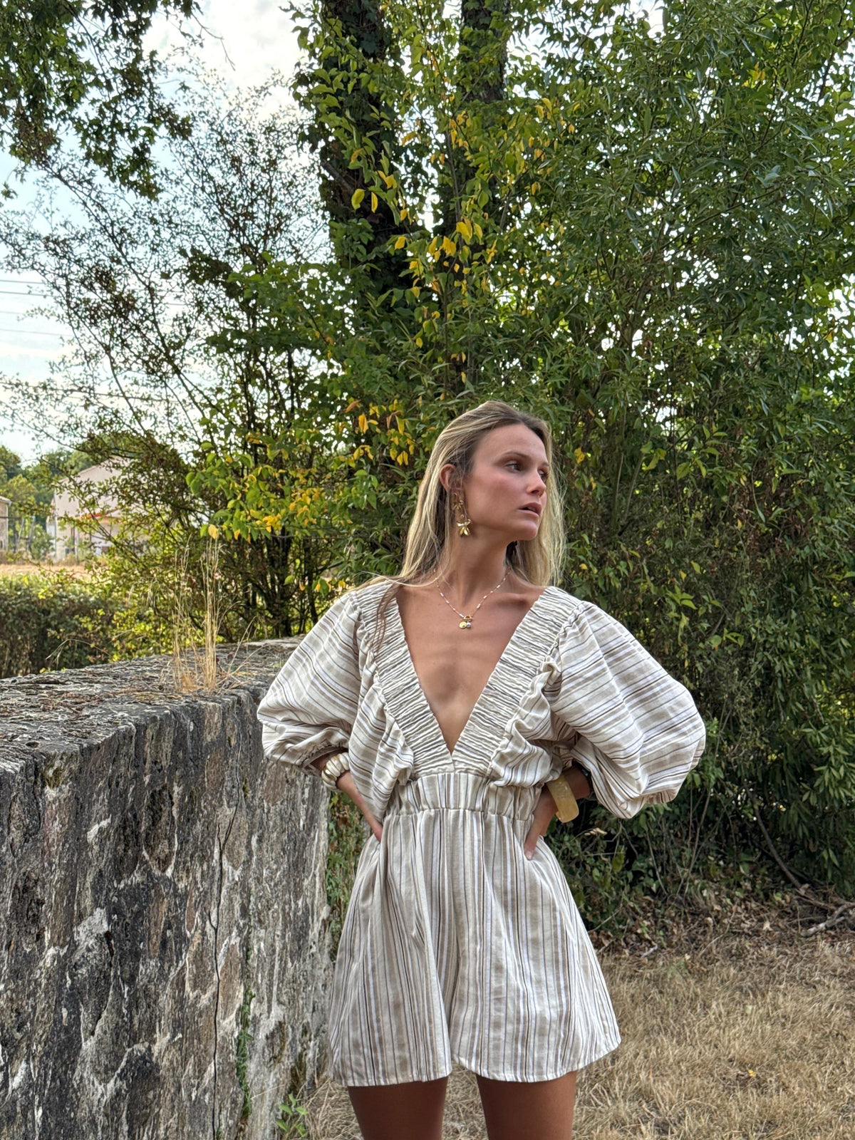 Combi-short rayée beige