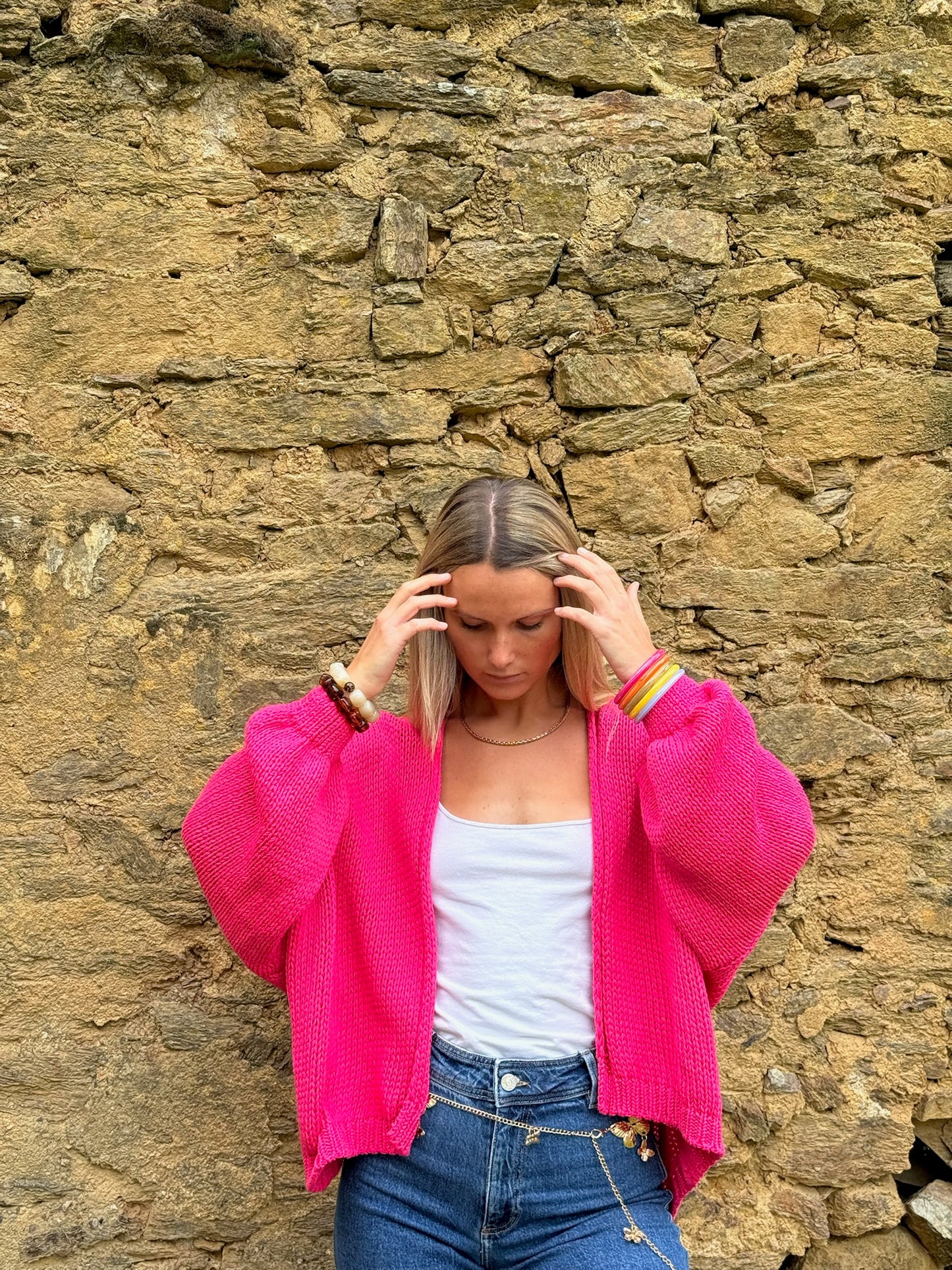 Gilet grosses mailles fushsia