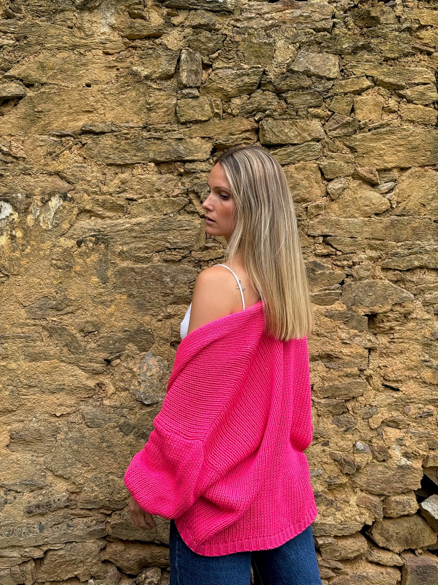 Gilet grosses mailles fushsia