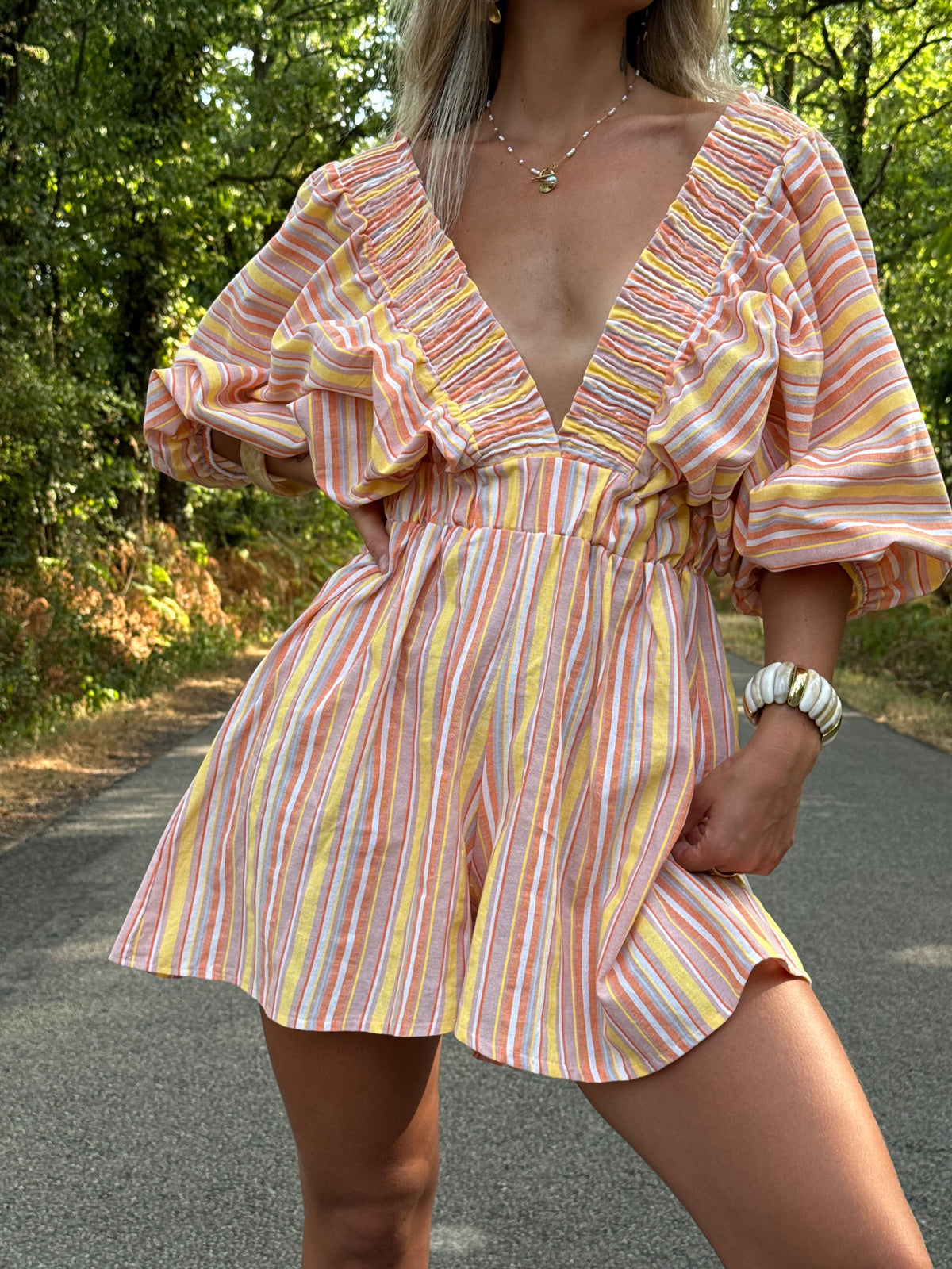 Combi-short rayée corail